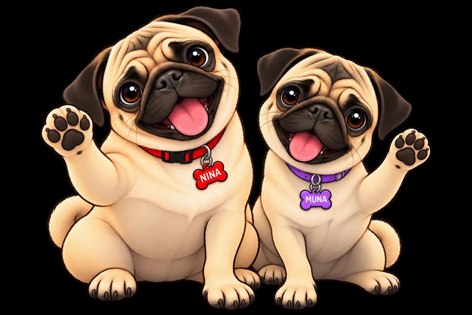 Nina y Muna, dos pugs, saludando con la patita